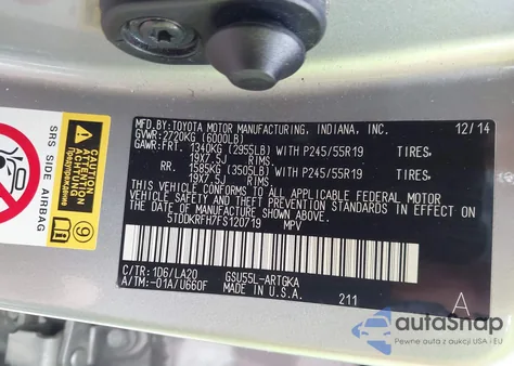 2015 Toyota Highlander Limited Platinum V6 from USA, damaged, VIN 5TDDKRFH7FS120719